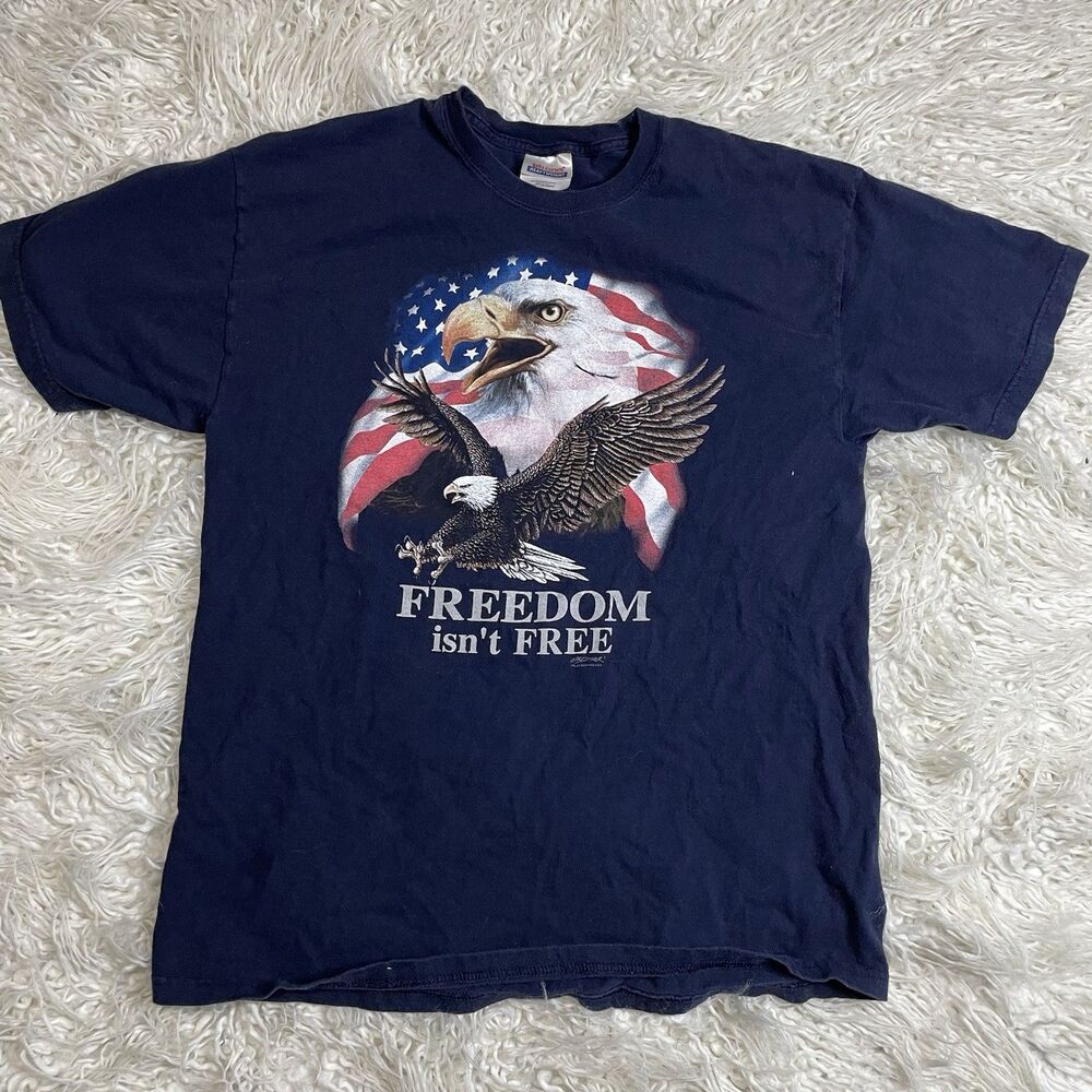 VTG American Flag Bald Eagle Freedom Isn't Free T Shirt Navy Blue Size Large